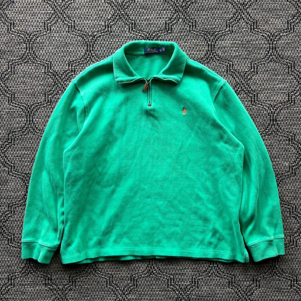 Polo Ralph Lauren Sweater Mens XL Green Cotton Knit Pony Quarter Zip Preppy